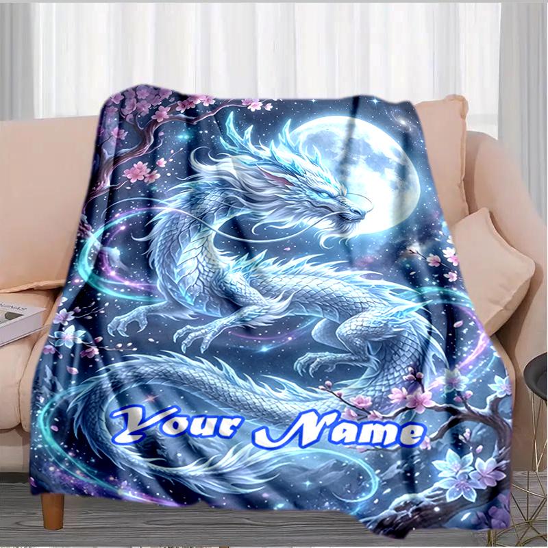 1PC Custom Name Ethereal Dragon Moonlit Night outdooor Flannel blankets Throw Blanket All-Season Throw Gift Bedspread for Couch, Bed, Camping Holiday