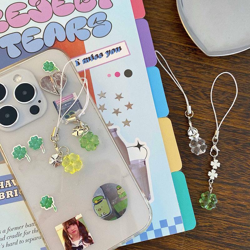 Handmade Beaded Phone Chain Four Leaf Clovers Cellphone Charm Colorful Keyring Ccd Decorative Pendant Cellphone Charm Accessory