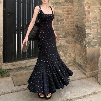Stylish Broken Flowers Dresses Women's Clothing Elegant Square Collar Spring Autumn Sexy Slim Mermaid Folds Slip Long Dress