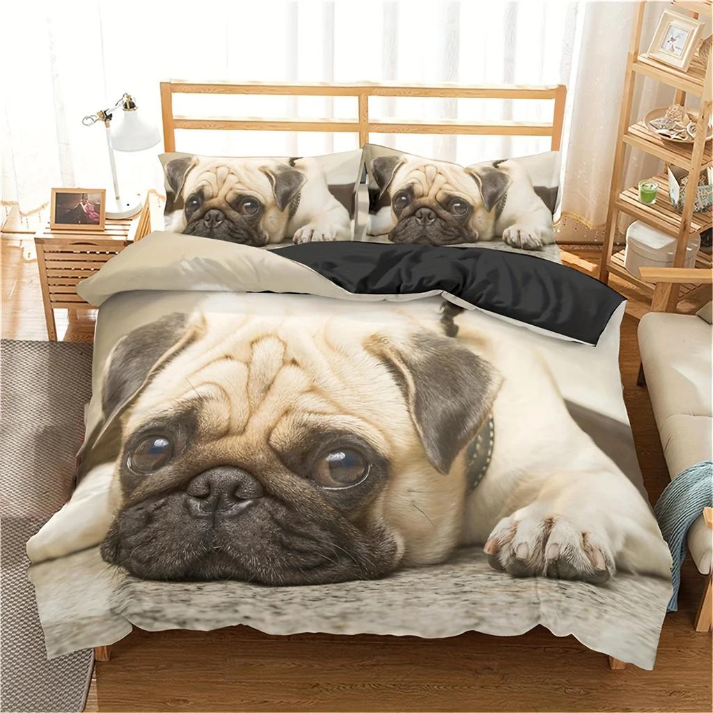 Colección Moderna Adorable de Fundas de Edredón Diseño 3D Adorable Diseño Estampado de Pug Lavable Poliéster Conjunto de Cama Funda de Edredón Suave Para Dormitorio