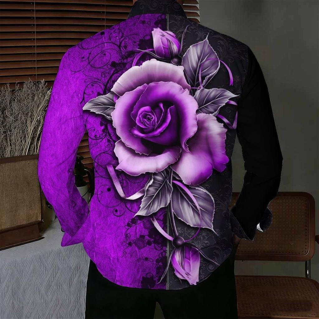 Men Collared Shirt Black Purple Two Tone Big Rose Floral Print Long Sleeve Button Down Top