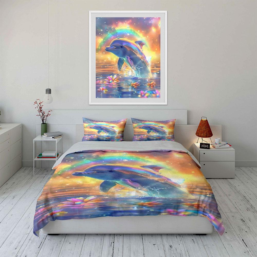 Dolphin leaping with rainbow Print Bedding Set 1 Duvet Cover 2 Pillowcases for Adult and Children Luxury Gift Full Size