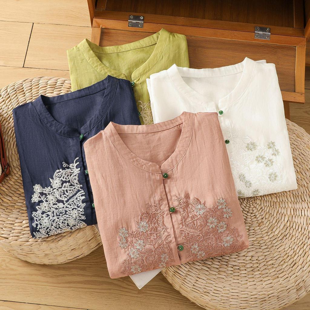 2025 Léto Dámská Literární Móda Ramie Výšivka Stojáček Blůza - Jednobarevná, Volný Střih, Pětirukávový Design