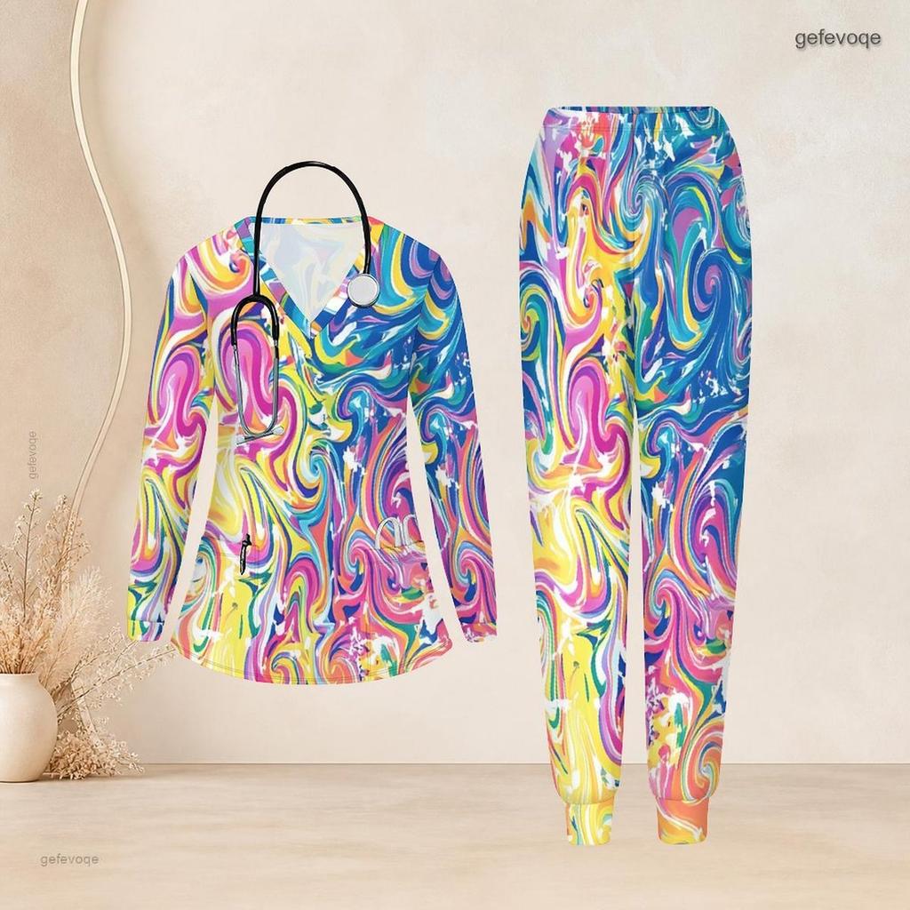 Women Plus Size Scrub Set V Neck Long Sleeve American Flag Printed Top And Long Pants With Pockets