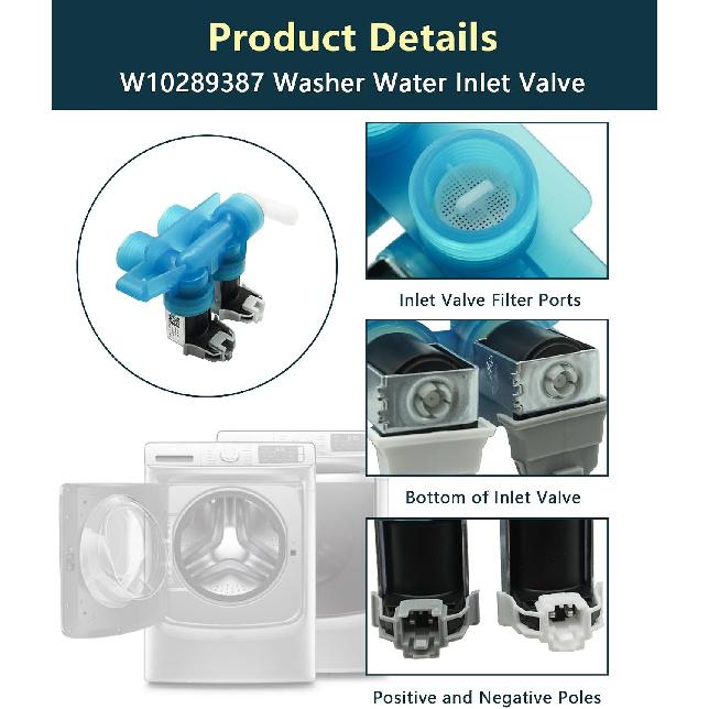 W10289387 Washer Water Inlet Valve, Replaces WPW10289387 AP6018779 | Fits for Whirlpool,Maytag,Amana Washing Machine BNQ11C6ANA0 WFW9400SW04, Front