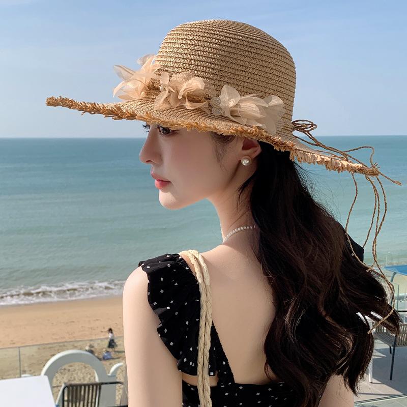 New Hat Women's Lace Flower Straw Hat Summer Big Brim Sunshade Sunscreen Hat Seaside Beach Sun Hat