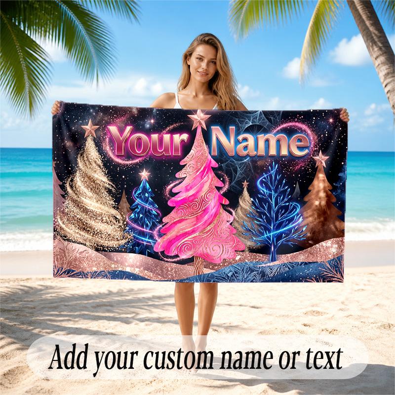 Christmas Theme Quick Dry Beach Towel Custom Name Text Print Large Sand Resistant Towel Beach Vacation
