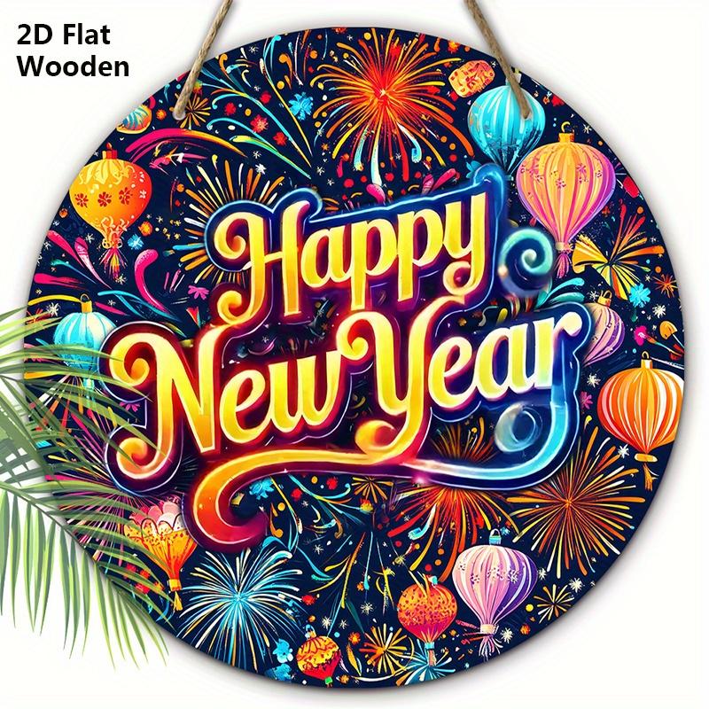 Happy New Year Festival Wooden Sign - Colorful Hot Air Balloon Round Sign for Front Door, Wall Hanging Decor - Ideal Festival Decoration
