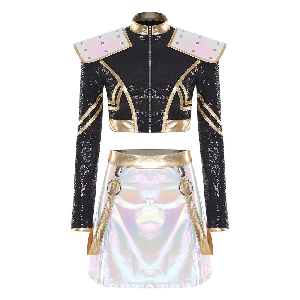 Womens Halloween Cosplay Outfit Long Sleeve Rivet Shoulder Boards Front Zip Sequined Crop Jacket Metallic Shiny Mini Skirt