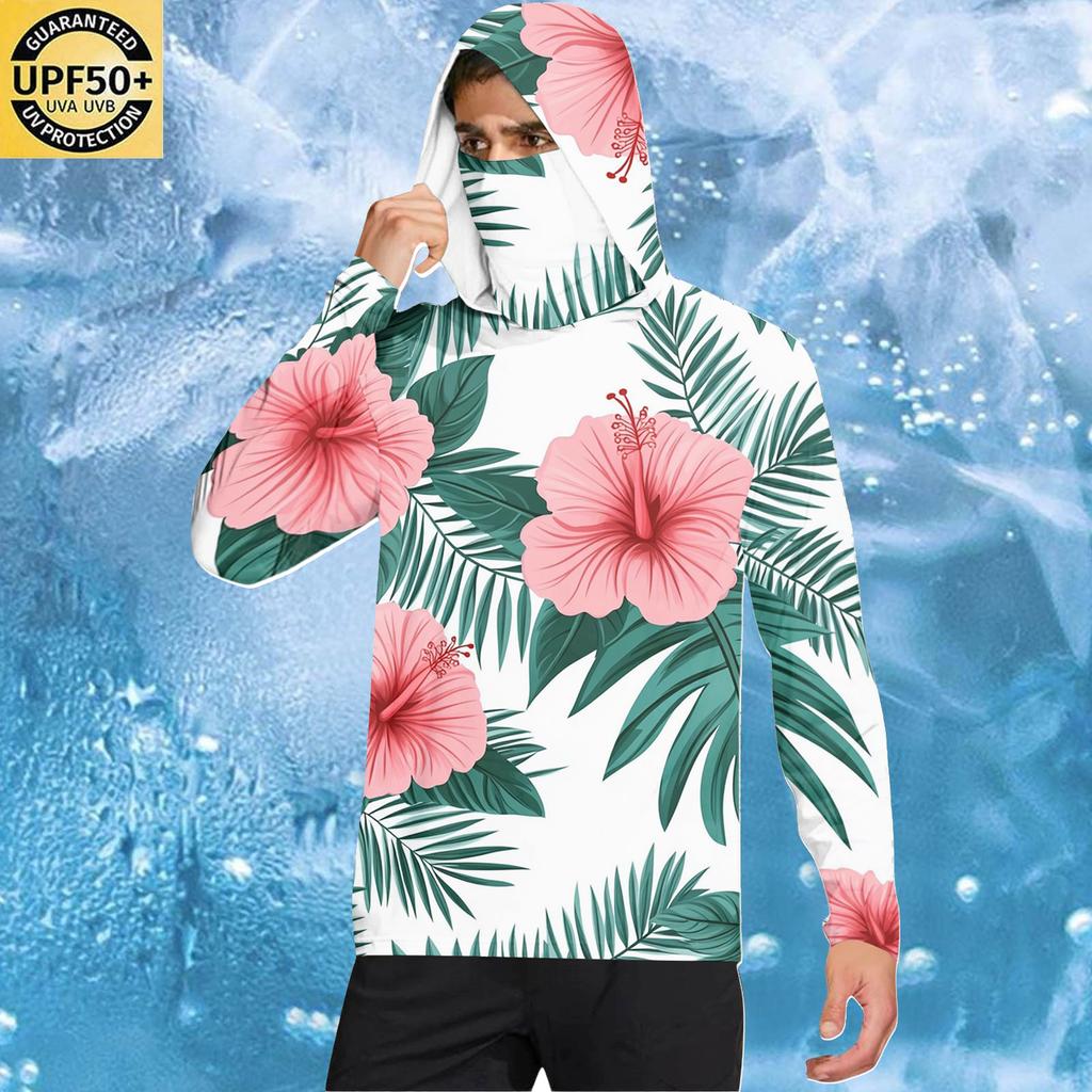 Men's Casual Hawaiian Print Hooded Long Sleeve Sun Protection Shirt Lightweight Breathable UV Protective Top for Outdoor Activities