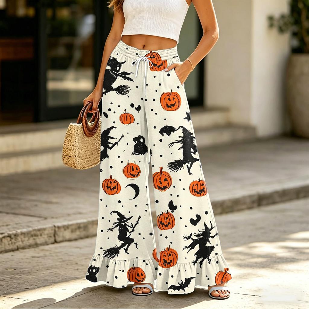 Women's Wide Leg Pants with Pockets High Waist Drawstring Floral Print Loose Casual Long Trousers Ruffled Hem