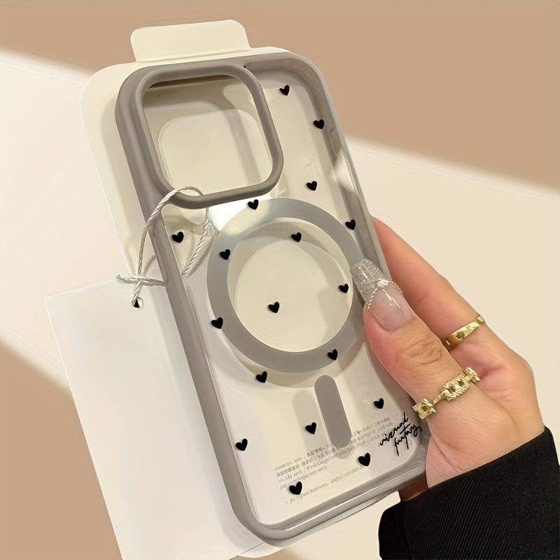 For Wireless Charging Magnetic Phone Case for iPhone 17 13 12 14 15 16 Pro Max 11 16E 16 Plus 17 Air With Black Love Heart Cover