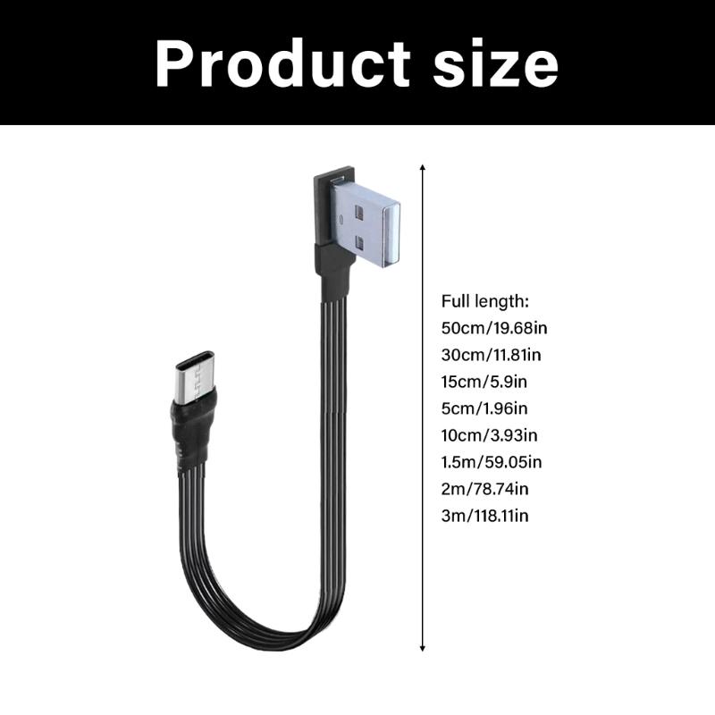 Flat Flexible Right Angled 90 Degree Usb Male to Type C Charging Data Cable 10W for Cellphone Laptop