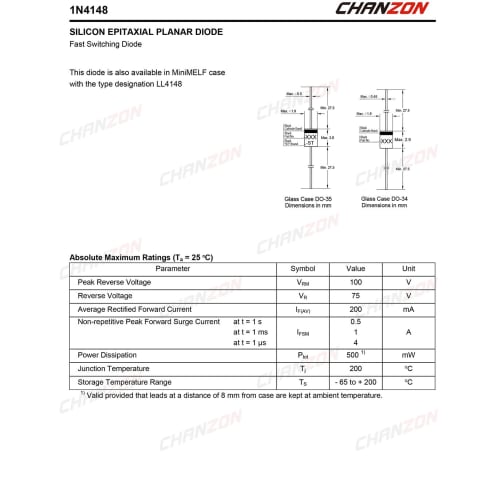 (Pack of 100) Chanzon 1N4148 Small Signal Fast Switching Diode, High Speed ??Axial, 200mA, 100V, DO-35 (DO-204AH) IN4148 4148, 200mA, 100V
