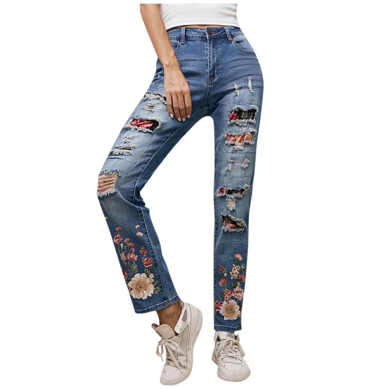 

Прямые джинсы Женские рваные джинсы Джинсы-бойфренды Потертые брюки из эластичного денима Джинсы в стиле пэчворк XL синий