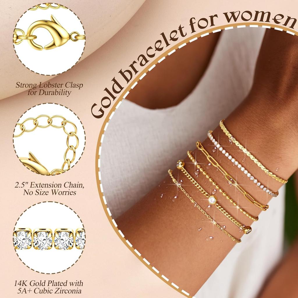 Bobisty Gold Plated Bracelet for Women Stainless Steel Stacking CZ/Link/Tennis/Bead Chain Ankle Bracelet Jewellery