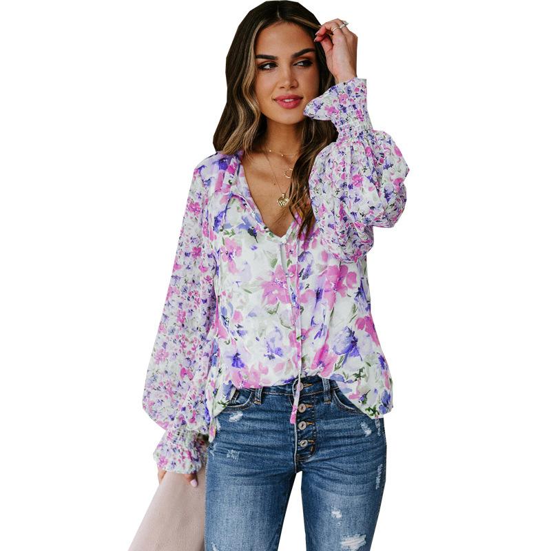 women's Ruffled V Neck Floral Printed Puff Long Sleeve Blouse Casual Loose Fit Shirt Top