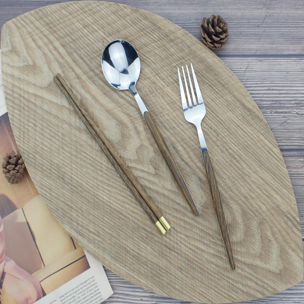 4PCS/Set Wooden Handle Portable Tableware Set with Box Fork Spoon and Chopsticks Set  Travel