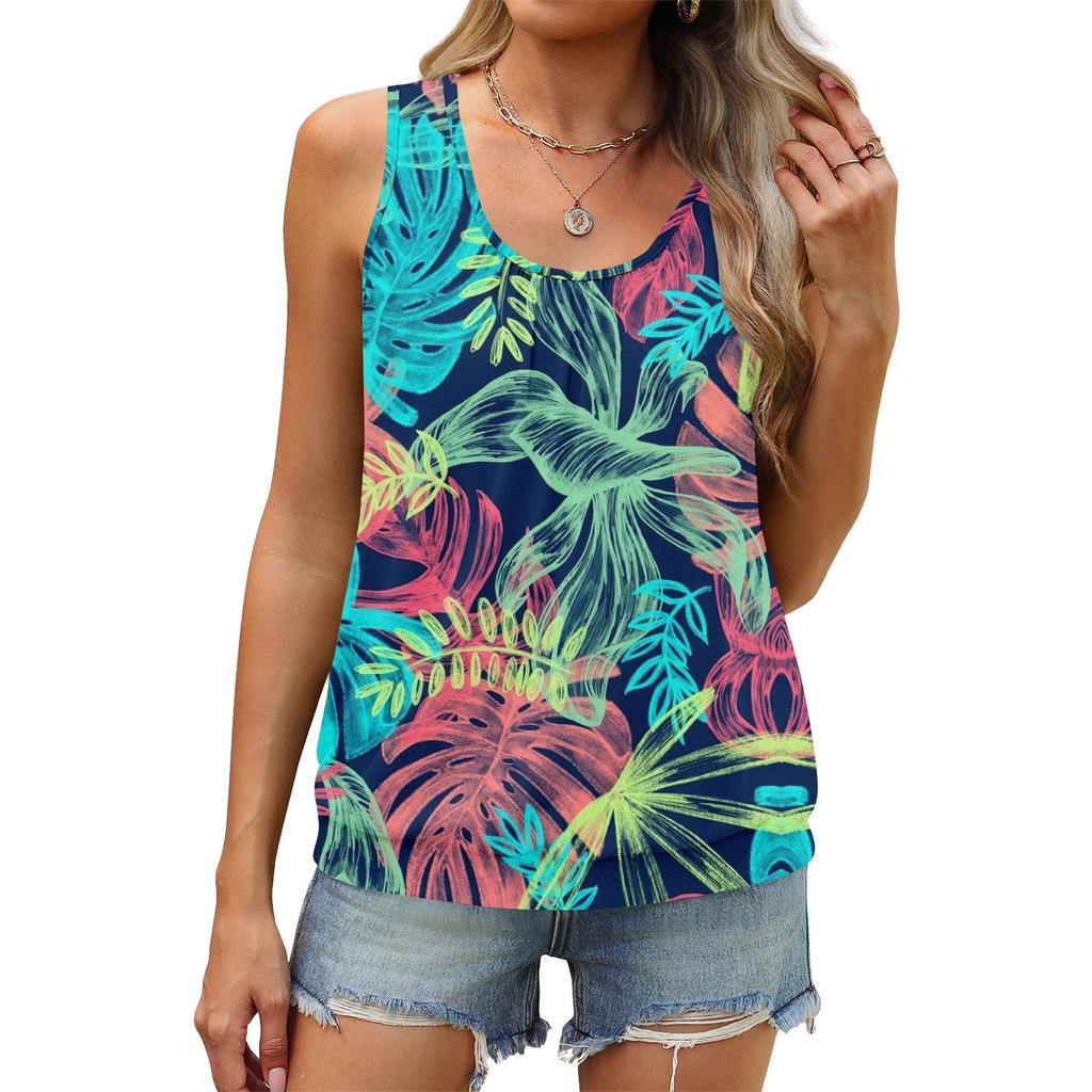 Colete de verão feminino solto plissado gola redonda camisa casual sem mangas top