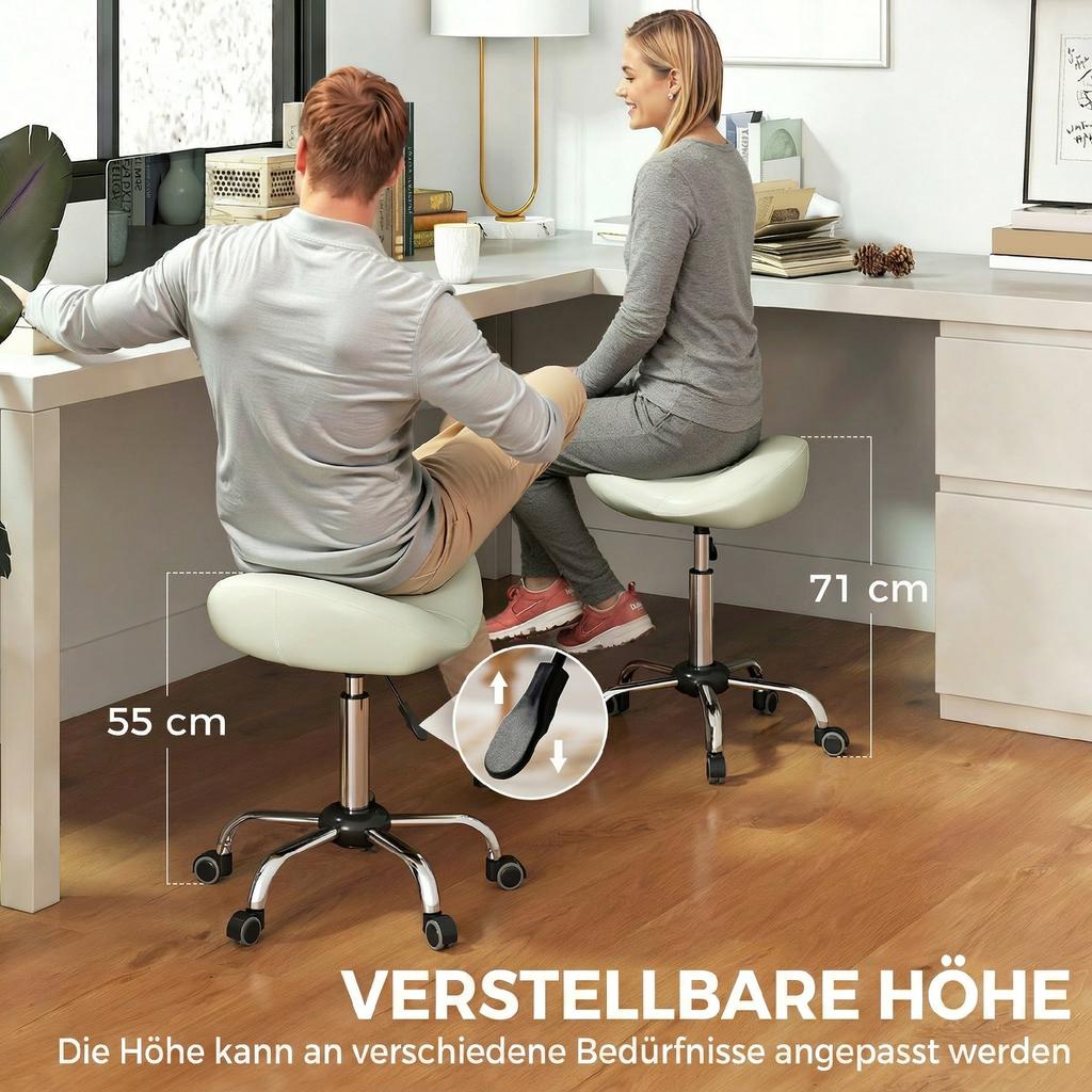Saddle Stool, Height-Adjustable Rolling Chair with PU Leather for Massage, Spa, Clinic, Beauty and Tattoo, Cream White