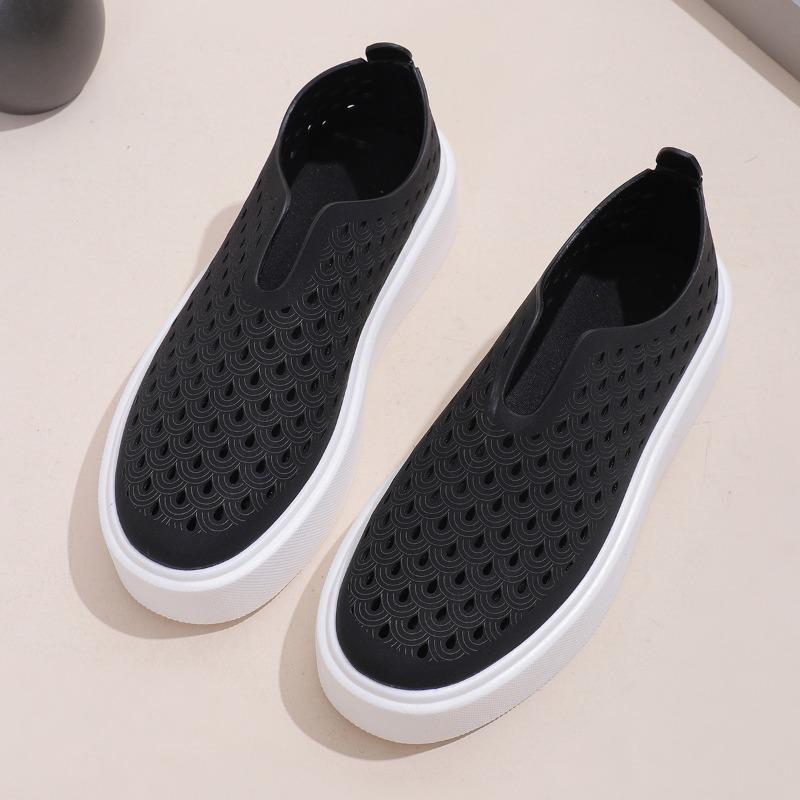 Thick Soled Hollow Breathable Low Top Single Shoe for Women, V-mouth Sponge Cake Set Foot Board Shoes
