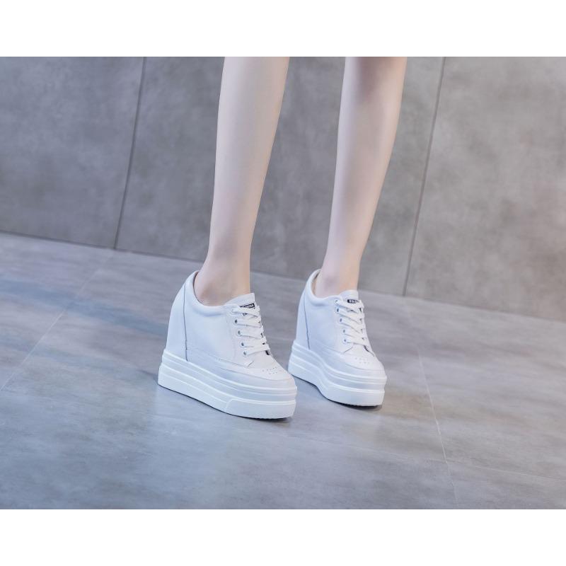 Fashion Women Genuine Leather 11cm Hidden Wedge Sneakers Platform Shoes High Heels Sneakers Woman Casual Shoes White Women Trainer