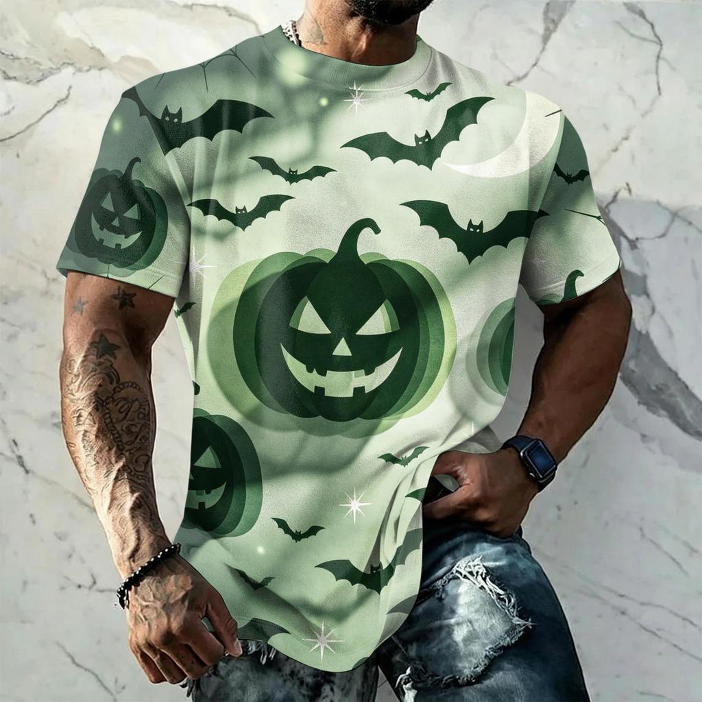 Men's Halloween Vintage Short Sleeve T Shirt Loose Fit Breathable Summer Sports Streetwear Casual Everyday Top with Pumpkin and Bat Print