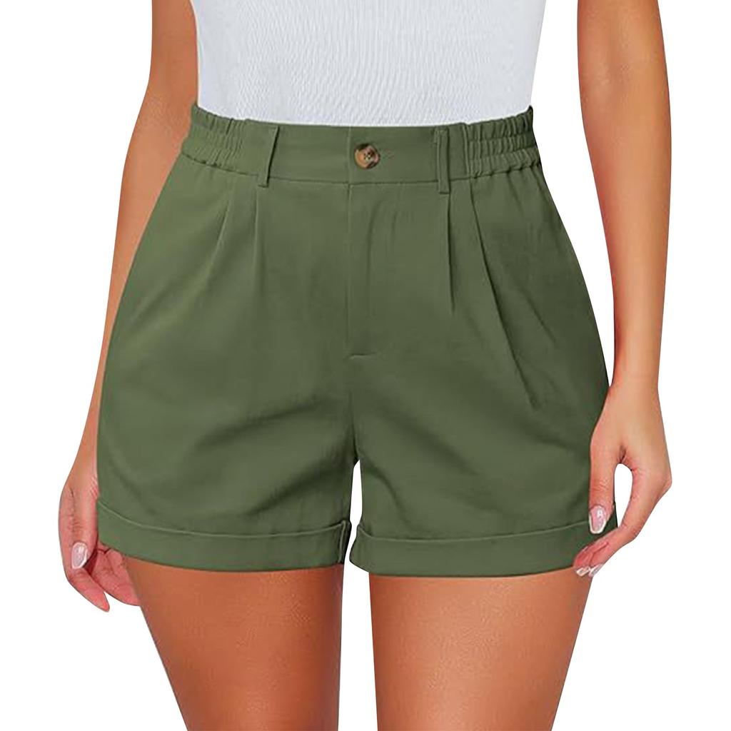 Women's Fashion Sexy High Waist Casual Cotton Stretch Single Cotton Twill Waist Pleated Summer Three-quarter Shorts With Pockets