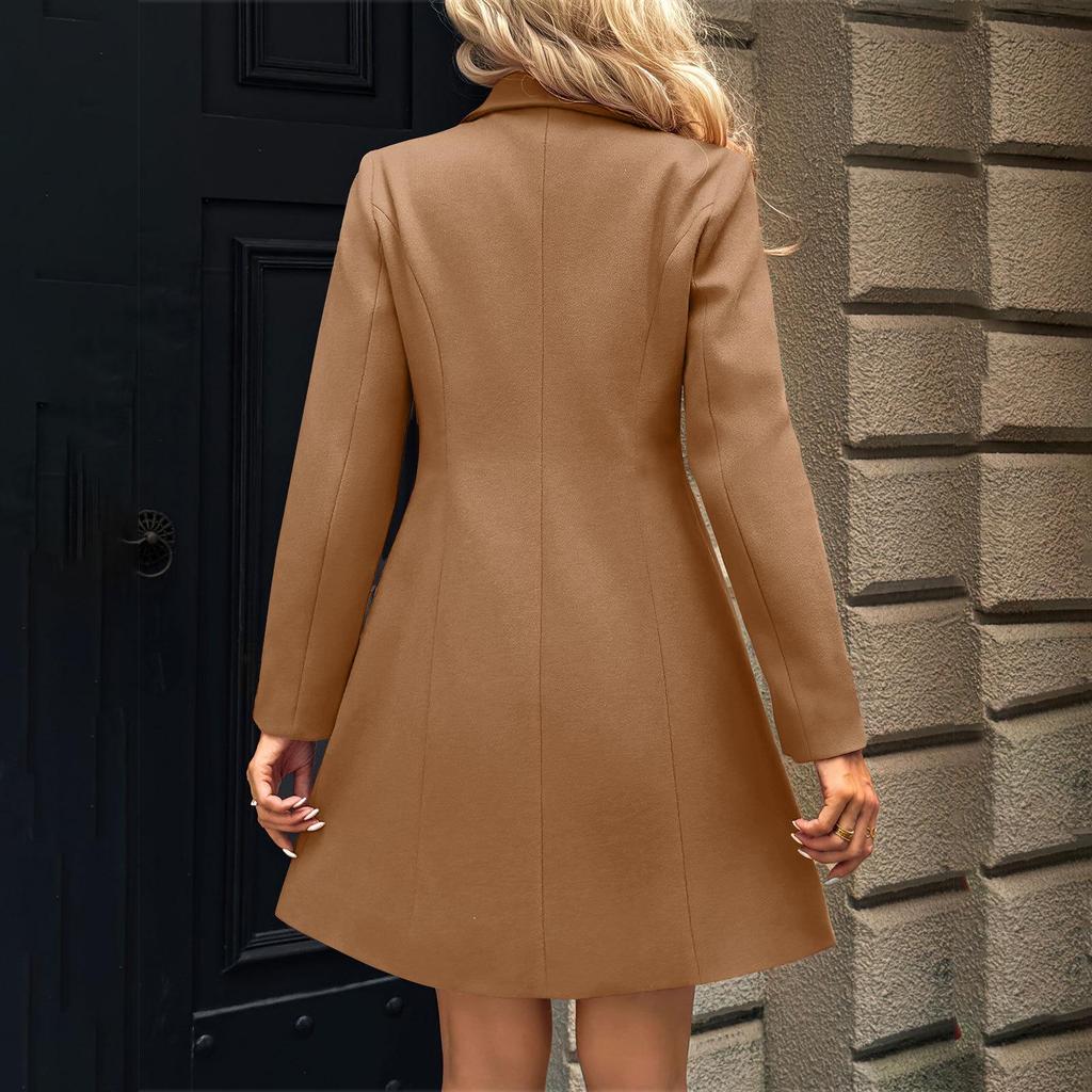 2026 New Women's Lapel Collar Wool Blend Coat, Slim Fit Solid Color Long Trench Coat, Versatile Autumn Winter Overcoat