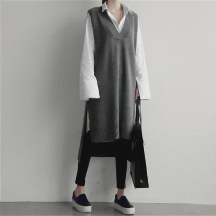 2025 Korean V-neck Sweater Vest Dress: Thick, Knit, Asymmetrical Hem, Autumn/Winter, Medium-Length