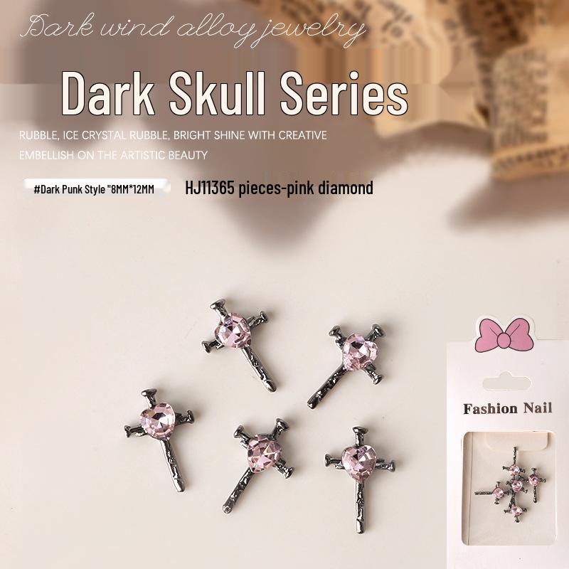 Dark Skull Retro Chrome Heart Scarlet Cross Nail Rhinestone Embellishments - 5 Pcs