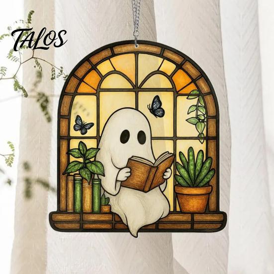 Window Suncatcher Decoration Halloween Ghost Reading Sun Catcher, Stained Glass Style Hanging Acrylic Catcher Ornament, Cute for Home Garden