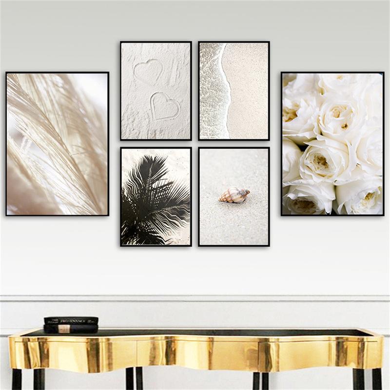 

Плакат Печать Роза Цветок Холст Плакат Стена Искусство Картина Дом Бежевый Тростник Пляж Ракушка Цветок Холст Живопись