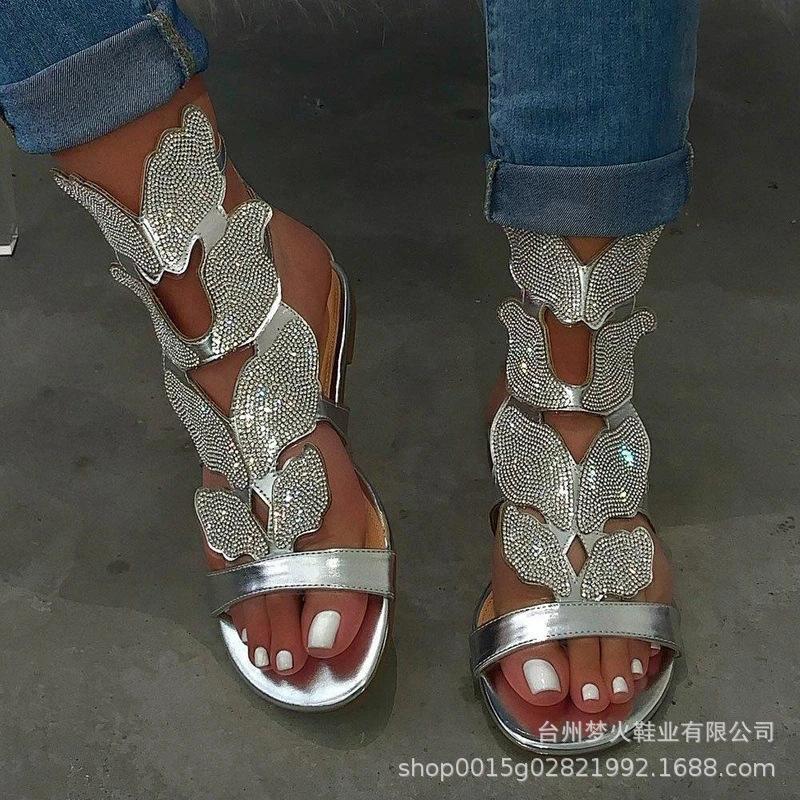 Rhinestone Sandals Women's Summer One-Word Butterfly Rhinestone Sandals