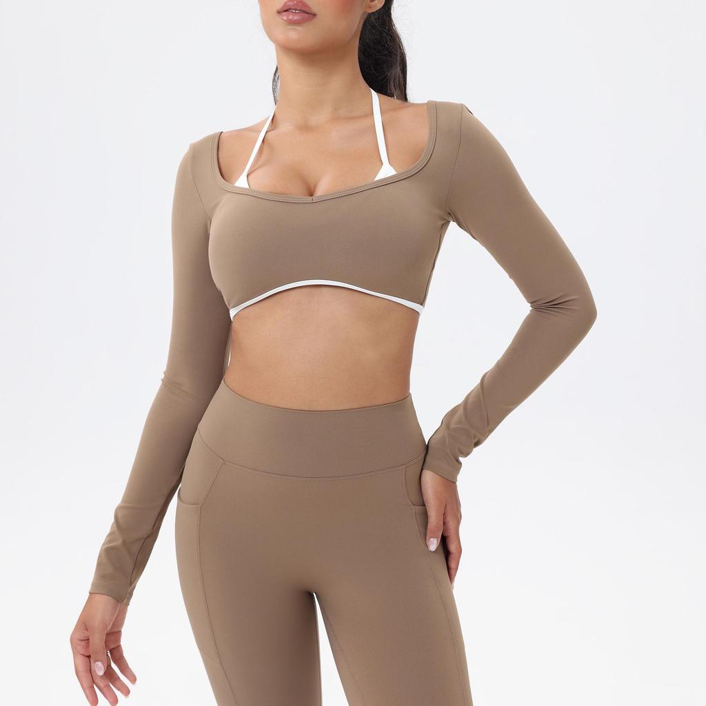 European-American Contrast Long-Sleeve Quick-Dry Yoga Top with Beautiful Back and Built-in Bra