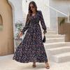 A-Line Dress Women Floral Print Ankle-Length Long Sleeve Casual High Waist Spring Summer V-neck Elastic Dresses