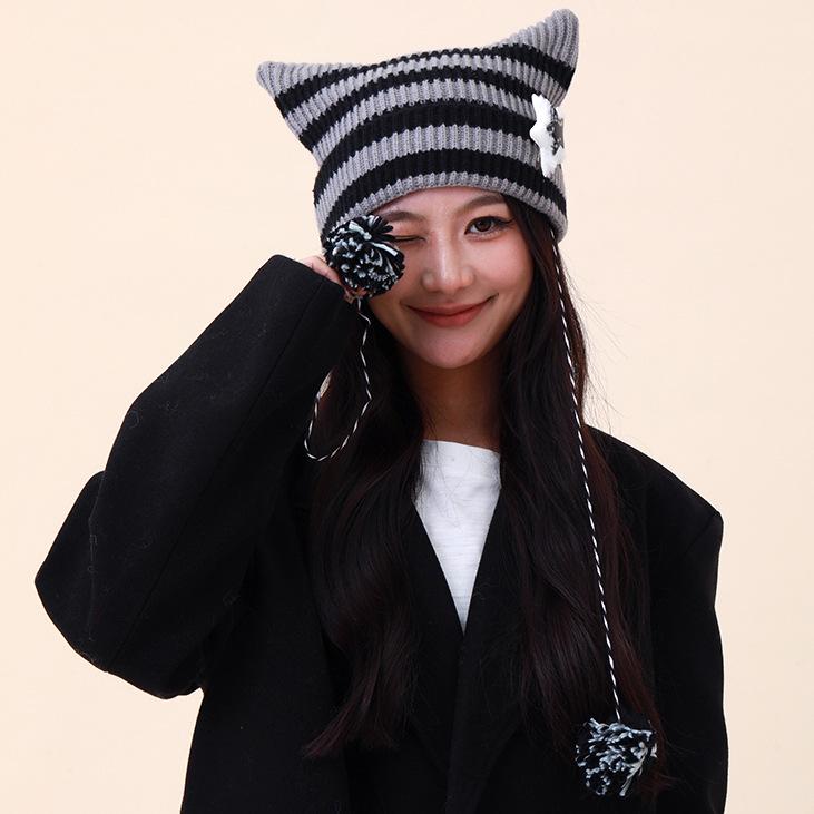 Abi wind cute striped cat ears knitted wool hat women autumn and winter cycling warm ear protection versatile pullover
