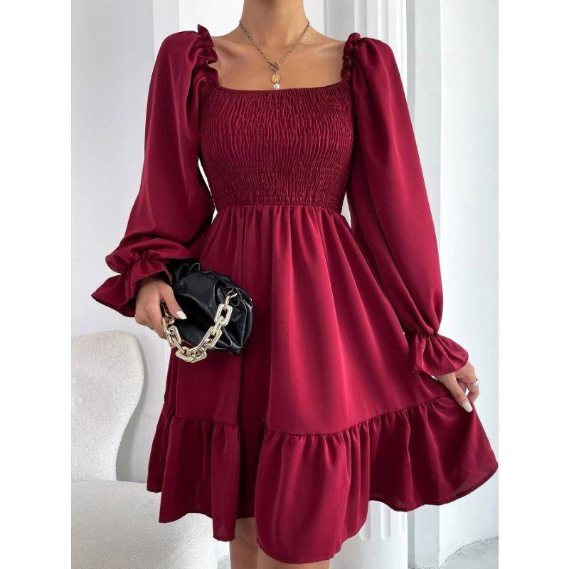 Women European Style Square Neck Ruffle Hem Long Sleeve Loose Casual Dress