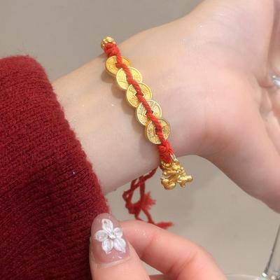 Hand-woven Zodiac Horse Bracelet Bead Year of The Horse Good Lucky Bracelet Copper Coin God of Wealth Chinese Red Handrope
