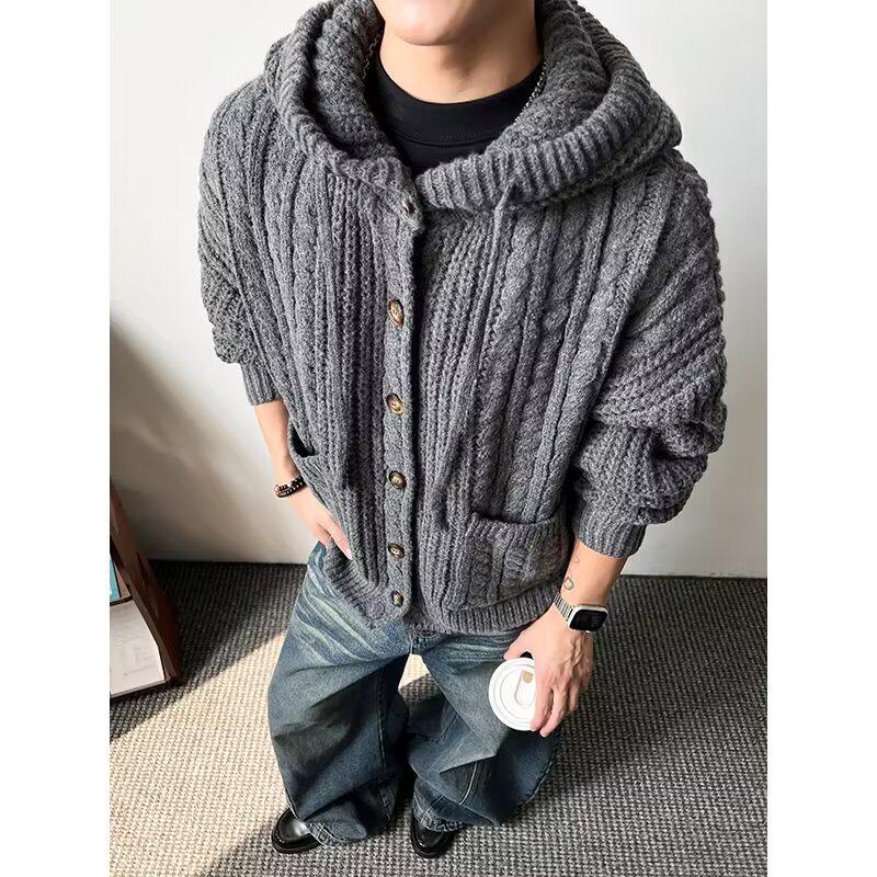 Men's Retro Chunky Knit Cardigan: Versatile Japanese Jacquard Sweater with Big Pockets.