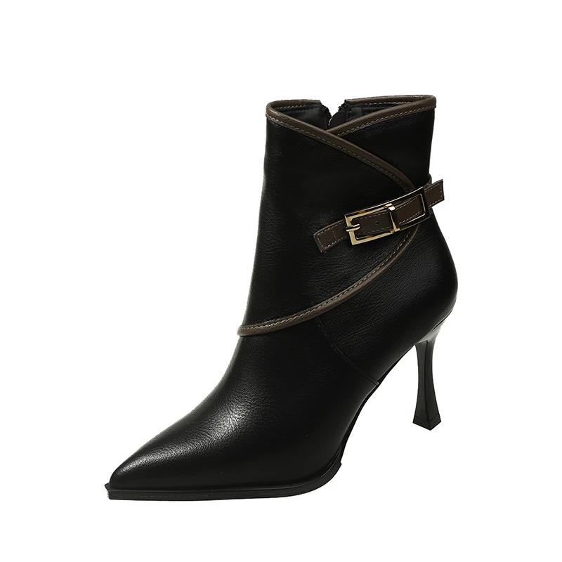 Fashion Women's Shoes 2024 High Quality Side Zipper Women's Boots Fashion Belt Buckle Office and Career Sexy Pointed Toe Ankle Boots