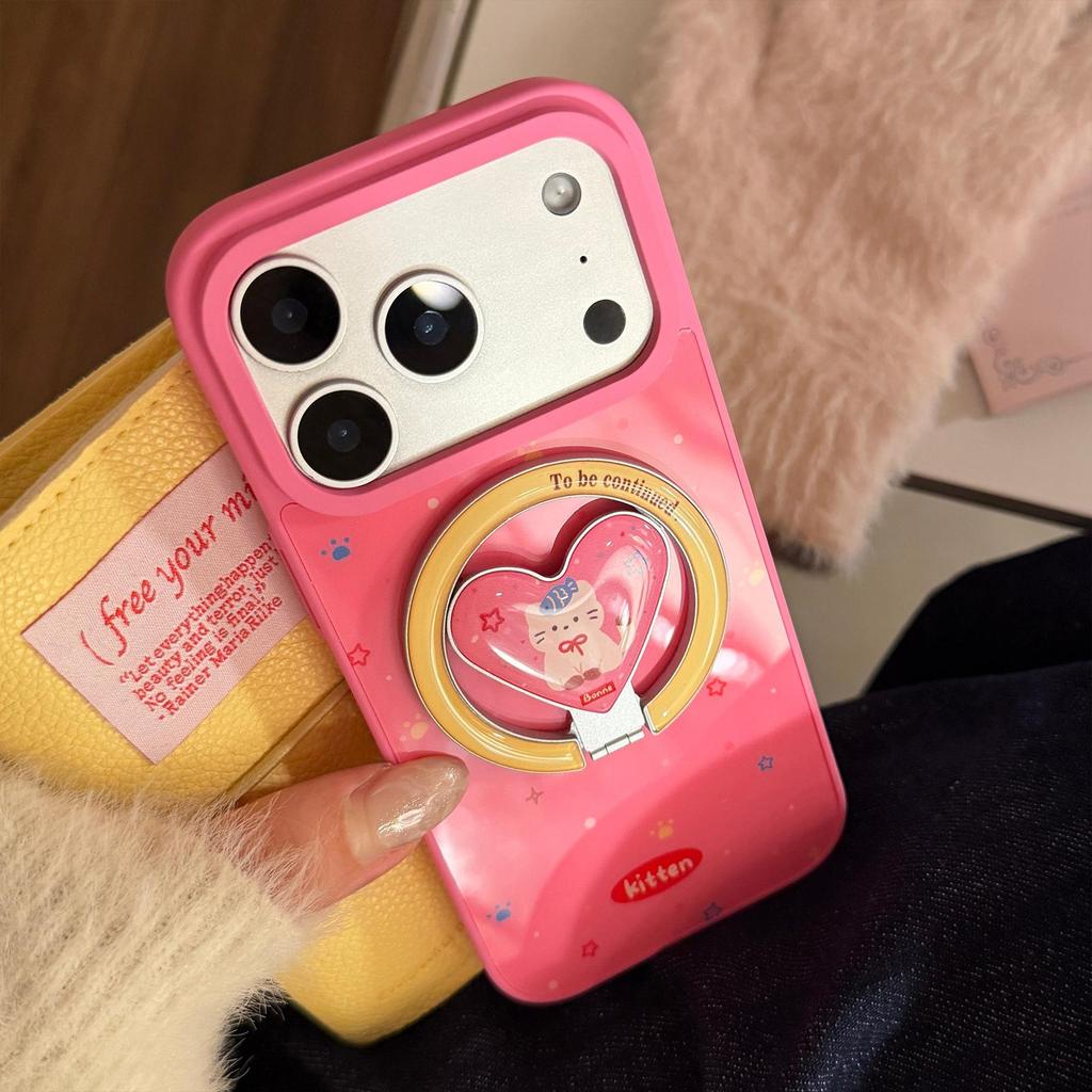 Adorable Kitten Heart-Shaped Stand Phone Case for iPhone 16, iPhone 17, iPhone 17 Pro Max