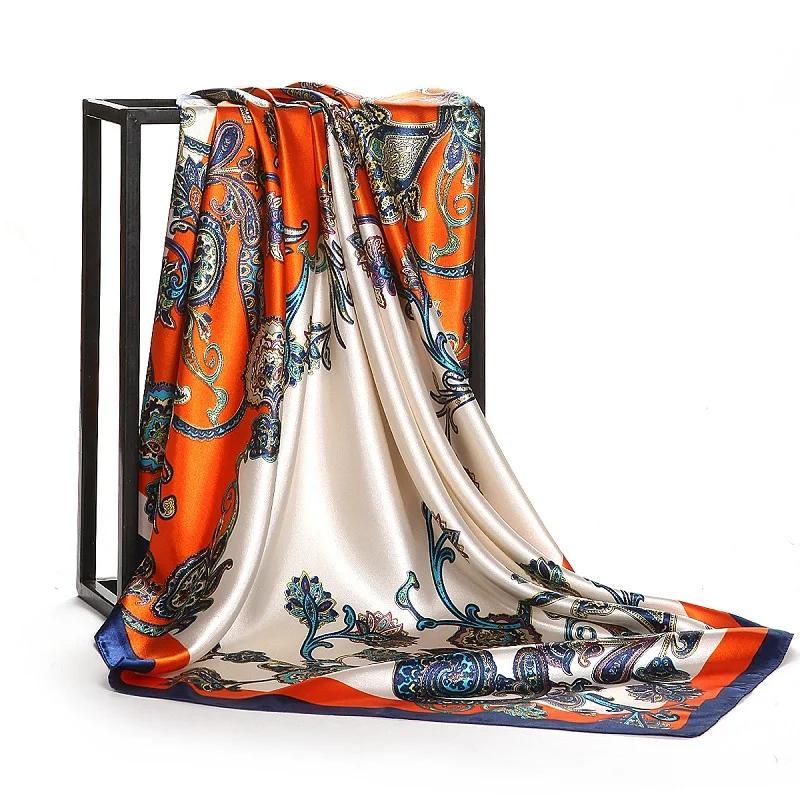 1Pcs 90Cm Paisley Cashew Print Silk Scarf For Women Simulated Silk Satin Large Square Scarfs Trendy Versatile Headscarf Scarf