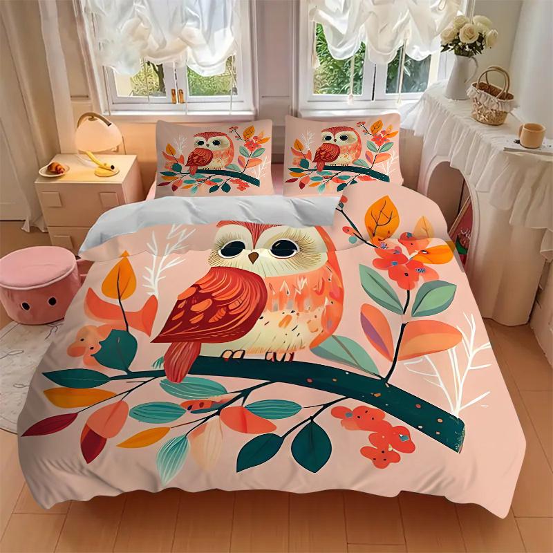 3pcs Cuddly Owl Design Bedding Set, Including Soft and Comfortable Home Bedroom Fabric L022