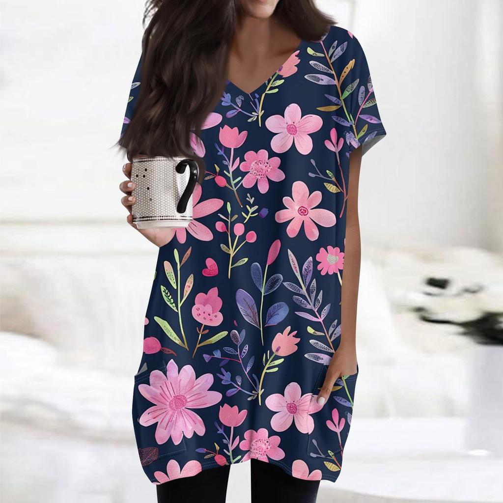 Haut Midi à Manches Courtes et Poches à Col en V pour Femme avec Imprimé Rétro Fleurs et Feuilles