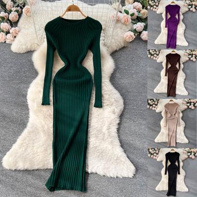 Γυναικείο Φόρεμα από Μαλλί Πλεκτό με Στρογγυλή Λαιμόκοψη Μονόχρωμο Μακρυμάνικο Πουλόβερ Μακρύ Φόρεμα