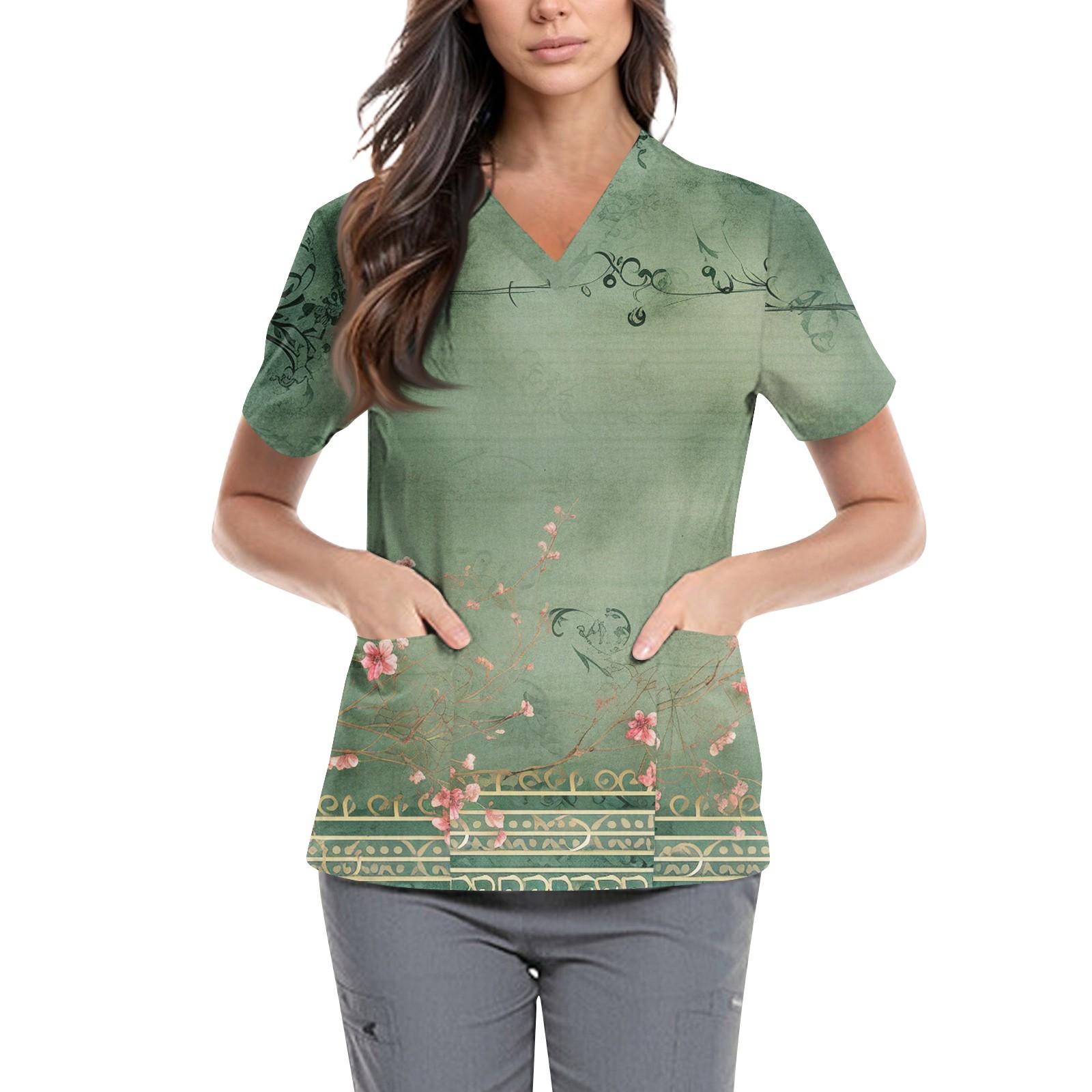 

Женская симпатичная принтованная рабочая одежда с V-образным вырезом, двухслойными карманами, базовым коротким рукавом, пуловером ко Дню святого Валентина XXXXL зелёный