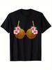 Men's Hawaii Luau Party T-shirt Cotton Tropical Style Shirt Coconut Tree Hibiscus Print and Grass Skirt Hollowed-out Des