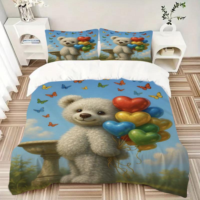 3pcs Anime Teddy Bear Balloons Butterflies Bedding Set - Includes One Quilt Cover and Two Pillowcases (No Core) - Polyester Fabric, Perfect