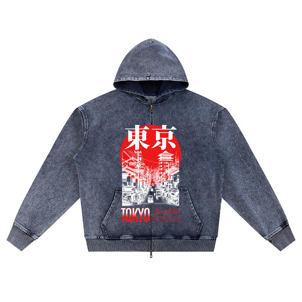 DTG Print Knitted Denim Zip-Up Hoodie Japan Samurai Brother Print Zipper Hoodies  